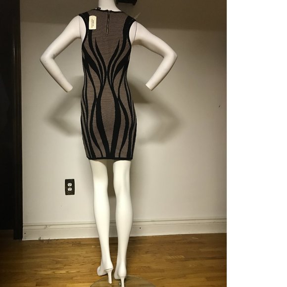 F21 Black Tan Leaf Pattern Metallic Zipper Bodycon Dress Summer NWT - Picture 4 of 5